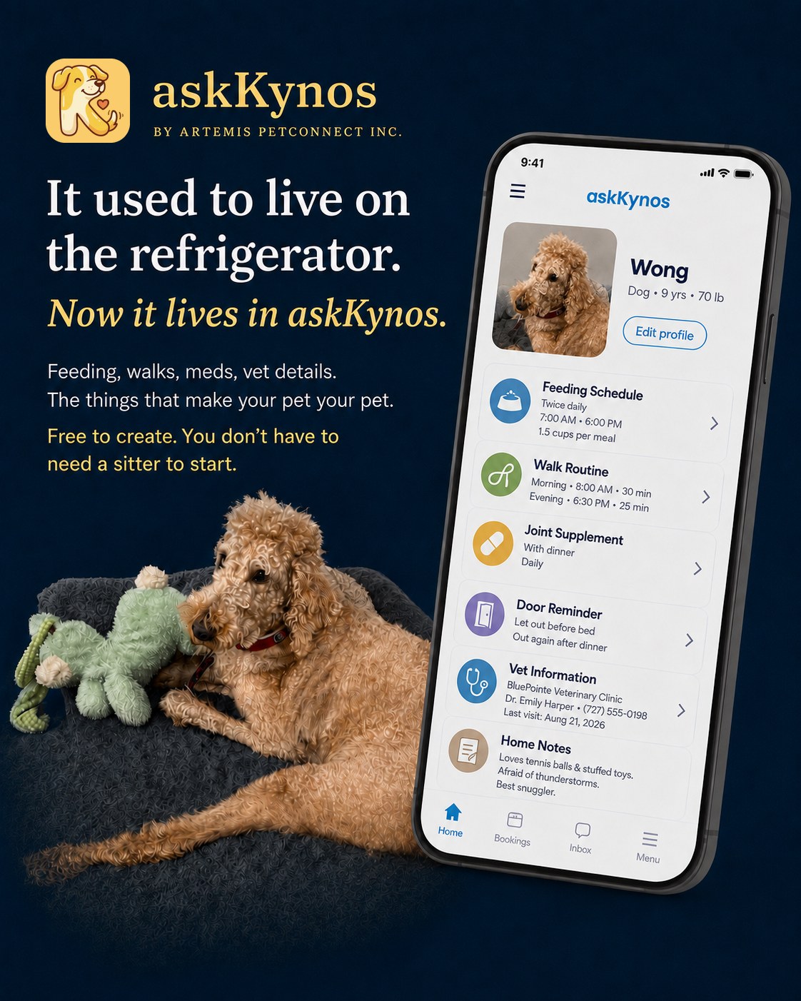 askKynos pet story campaign showing a pet profile and remembered care details